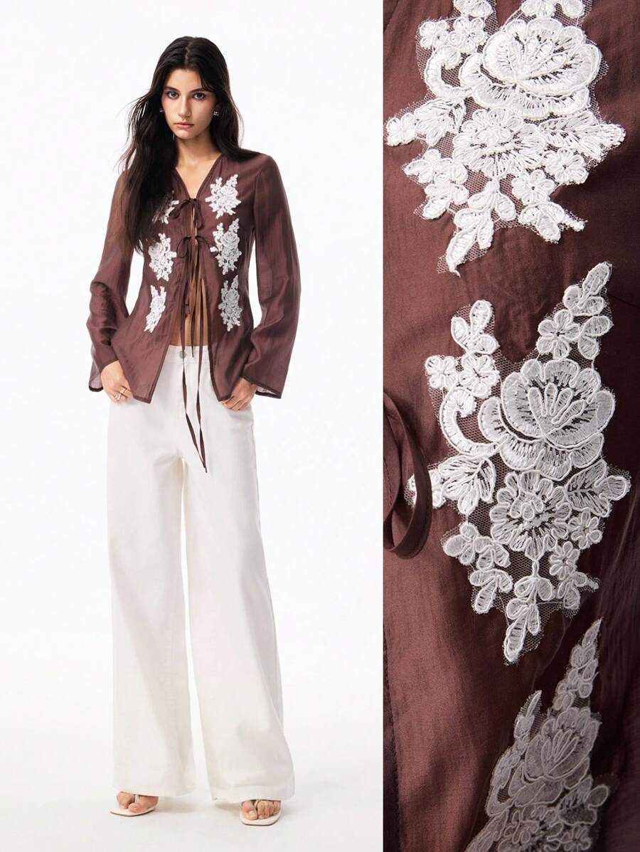 LYSMO 女士棕色领结细节刺绣轻薄喇叭袖衬衫，适合春夏穿着，打造波西米亚风情和夏季度假造型，2025 新款上市 - 棕色 - 查看 1