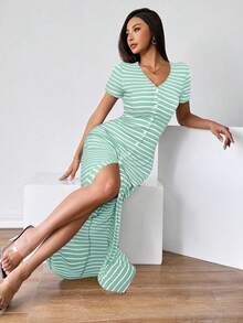 Firerie Vestido de manga corta elegante a rayas para el trabajo diario