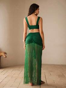 Anewsta Women's Summer Beach Solid Color Ruched Metal Shell Sexy Bikini Set With Cover-Up And Skirt - Green - View 8