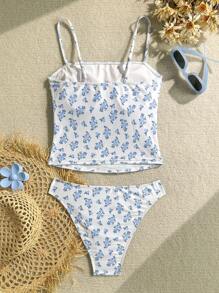 Swim Mod Women's New Fashion Ditsy Floral Cute Sexy Fitted Spaghetti Strap Tank Top With Bow Knot Strap & Triangle Bikini Swimsuit, Summer Beach Swimwear Set