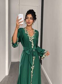 SHEIN Bata de dormir de punto con mangas anchas y decoración de ribete bordado para mujer, otoño - Verde - Ver 4