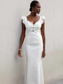 Lumivelle Women Square Neck Floral Cap Sleeve Cap Sleeve White Embroidery Fitted Dress, Ruffle Hem, Summer Vacation Dress, Boho Style - White - View 5