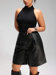 LYSMO Plus Size Spring PU Leather 5-Point Shorts, Simple Fashion Casual Daily Wear - Black - View 3