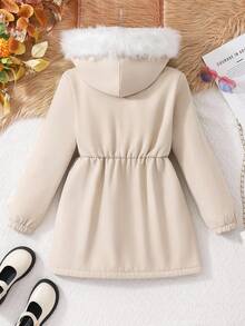 SHEIN Vintaside Kids Tween Girl Casual Versatile Fur Trim Hooded Fleece Jacket, Winter Fall - Apricot - View 2