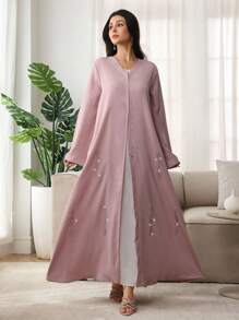 Al Najma 女士宽松优雅刺绣黑色休闲长袍 - 粉色 - 查看 5