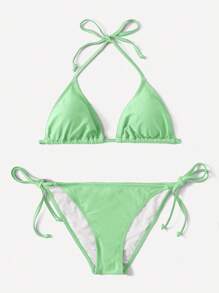 SHEIN Swim Women's Green Bikini Swimsuit Set, Triangle Cup, Halter Neck, Tie Closure, Suitable For Spring & Summer Beach Vacation - Mint Green - View 1