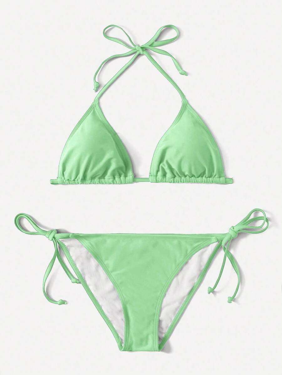 SHEIN Swim Women's Green Bikini Swimsuit Set, Triangle Cup, Halter Neck, Tie Closure, Suitable For Spring & Summer Beach Vacation - Mint Green - View 1