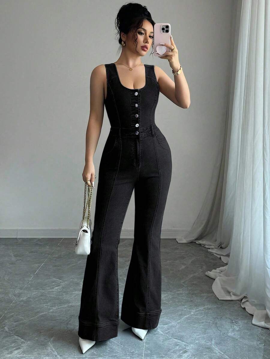 Elenzga Quần yếm denim đa năng thường ngày thời trang dành cho nữ và áo liền quần - màu đen - Xem 1