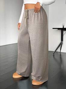 SHEIN EZwear 大码休闲抽绳针织直筒裤 - 卡其色 - 查看 5
