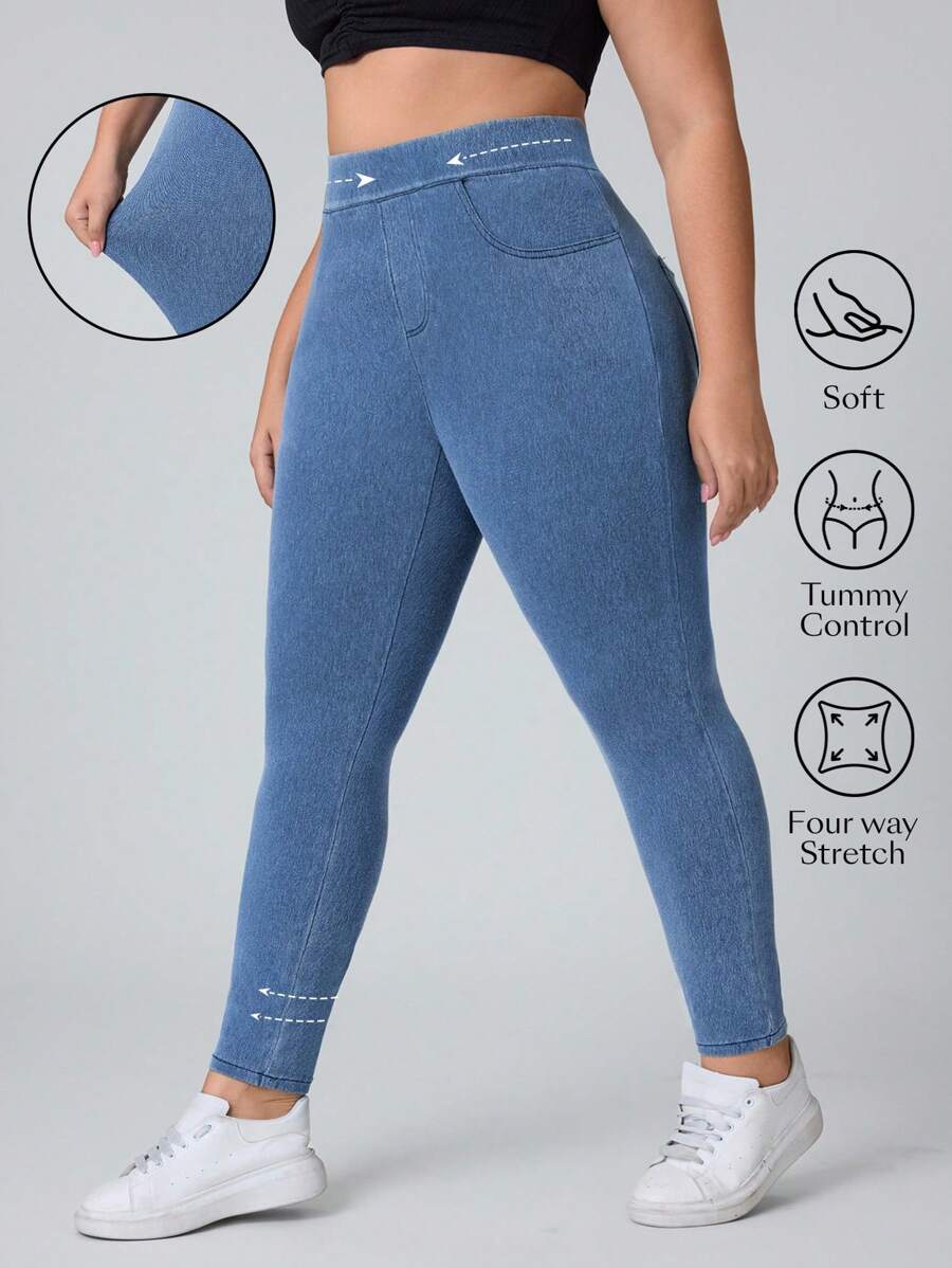 Flexra Plus Size Pocket Simple Denim Stretchy Knit Jeans, Casual Everyday Wear Apple Bottom Jeans - Light Wash - View 1