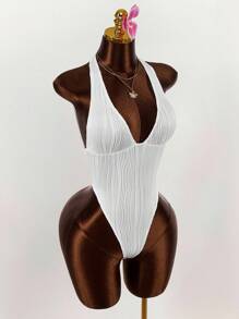 Amplova Deep-V Neck Tie-Dye Textured Bodysuit - White - View 5