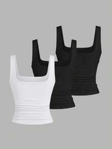 Sweetra Women's Casual Solid Color Camisole Top, Versatile For Summer - Black and White - View 2