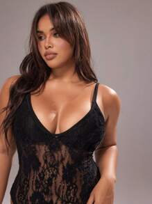 Rustia Plus Size Women Sexy Sheer Lace Back Cutout Slim Fit Bodysuit For Summer - Black - View 4