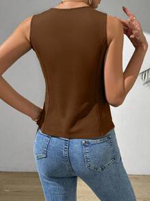 Zielony Damska kamizelka bez rękawów, swobodna, z rozcięciem, w stylu Maillarda, letnia, brązowa, na studia - Kawowy brązowy - Zobacz 2