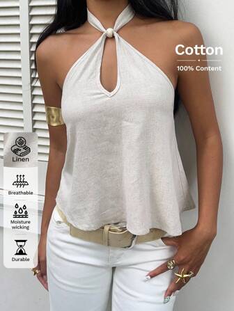 MainGRL เสื้อบลาวส์ถักหลังเปิด คอแฮลเตอร์ สีพีช สำหรับผู้หญิง