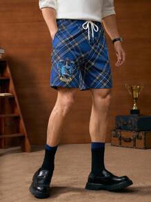 HARRY POTTER X SHEIN 男士夏季休闲宽松格子字母图案抽绳腰侧袋短裤，学院风 - 藏蓝色 - 查看 5