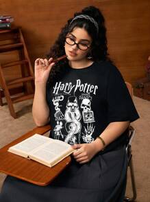 HARRY POTTER X SHEIN Plus Size Women Summer Casual Dark Street Fashion Skull & Snake Letter Print Short Sleeve Black T-Shirt Women Graphic Tees Black Graphic T Shirt Women Book Tshirt