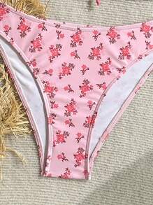 Swim Mod 女式新款碎花可爱性感修身细肩带背心，配蝴蝶结肩带和三角比基尼泳裤，夏季沙滩泳衣套装