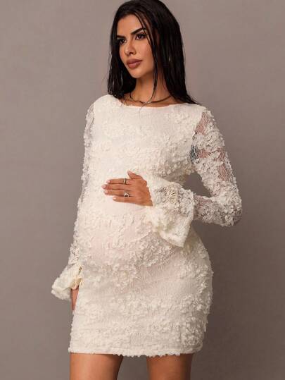 MaterniChic Vestido de manga larga elegante para mujeres embarazadas con parche de unicolor y malla