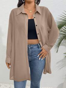 EMERY ROSE Damen Große Größen Lässig Loose Long Chiffon Bluse, transparent, geeignet für den Sommer