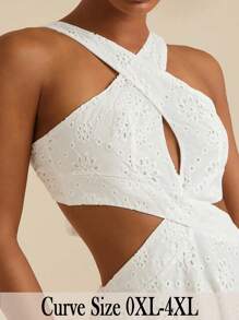 SHEIN VCAY Plus Size Summer White Embroidered Flowy Maxi Dress, Backless Bowknot Maxi Dress, Waist Hollow Design Slimming Maxi Dress, Romantic Island Boho Maxi Dress - White - View 4