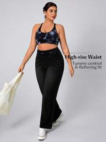 Flexra Plus Size Women Soft Washed Elastic Waist Loose Wide Leg Jeans - Black - View 3