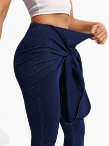 SHEIN Essnce Women's Slim Fit Elastic High Waist Flared 2 In 1 All Season Denim Pants - Blue - View 6