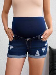 SHEIN Maternity High Waist Ripped Pocket Casual Fashion Denim Shorts
