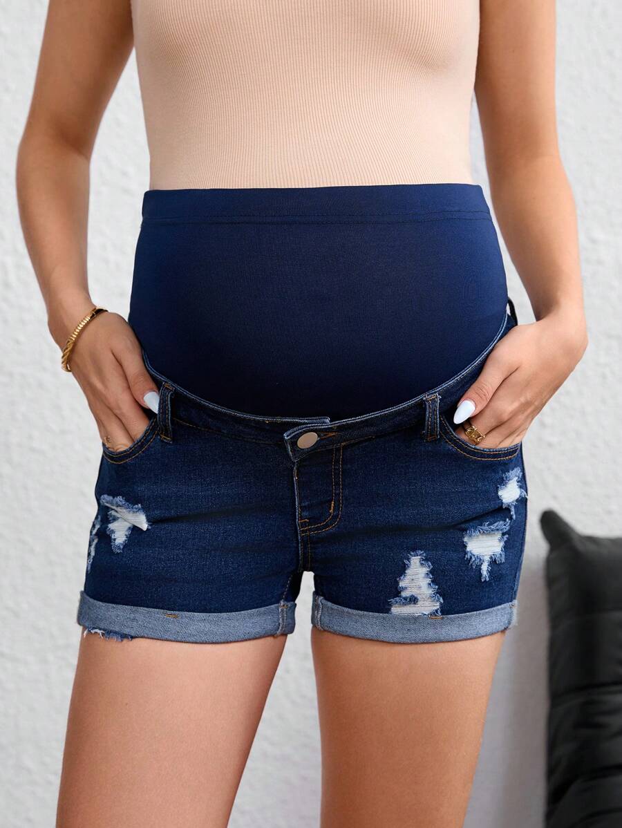 SHEIN Maternity High Waist Ripped Pocket Casual Fashion Denim Shorts