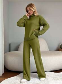 EURMUSE 2pcs Women High Neck Batwing Long Sleeve Sweater And Long Pants Casual Set - Olive Green - View 4