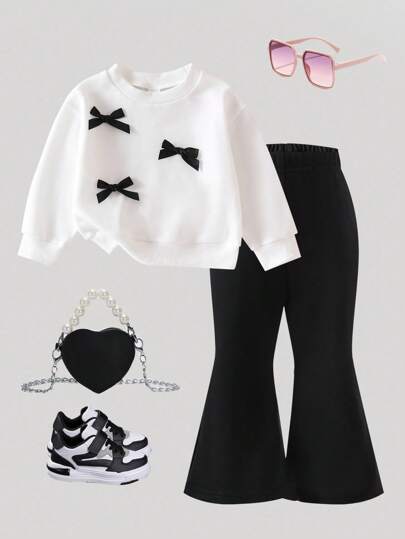 SHEIN Playful Pals Baby Girls Cute Bow Decor Round Neck Long Sleeve Knit Sweatshirt And Elastic Waist Flared Knit Pants Set, Casual And Adorable, Autumn/Winter Fall