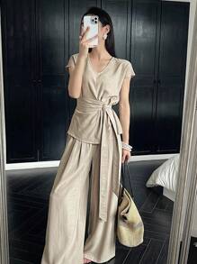 DAZY 2pcs Women Holiday Style Shirt And Wide Leg Pants Set, Spring/Summer