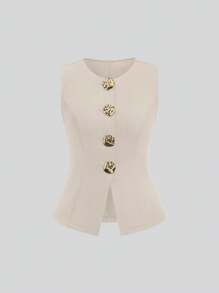 SHEIN Unity Áo vest không tay cài nút vàng đa năng cho nữ & quần ống đứng bồng bềnh, mùa hè - Màu be - Xem 3