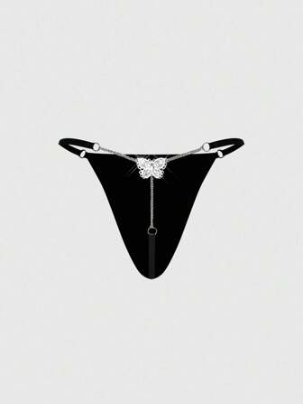 Goth Gothic Butterfly Rhinestones Beaded Chain Milk Silk Thong Panties