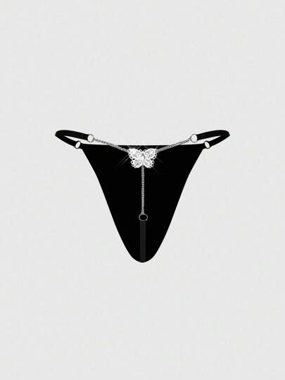 Gothic Butterfly Rhinestones Beaded Chain Milk Silk Thong Panties