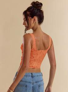 SHEIN BAE 白色纯色 3D 花卉刺绣吊带紧身胸衣，女式无袖短款上衣，白色 Bralette - 亮橙色 - 查看 2