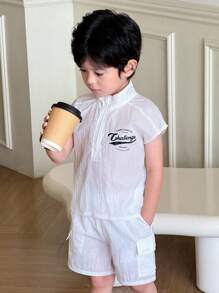 SHEIN Little Byeori 男童休闲立领半拉链夹克和工装短裤套装 - 白色 - 查看 2