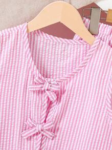 SHEIN 2pcs/Set Tween Girls Sleeveless Shirt With Bow Buttons & Extended Pants Outfit Fall Winter - Baby Pink - View 7