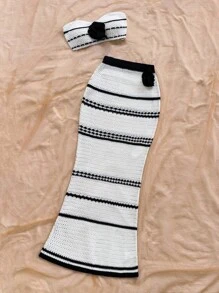 Soleia Black And White Striped,Summer,Casual,Vacation,Holiday Women's Two Pieces Set,Strapless Bandeau Top And Bodycon Maxi Skirt,3D Floral Sweater Outfit - Black and White - View 4
