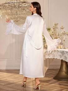 SHEIN Furry Embroidered Mesh Color Denim Sleepwear Set, Asymmetrical Ruffled Hem Slit Color Denim Dress