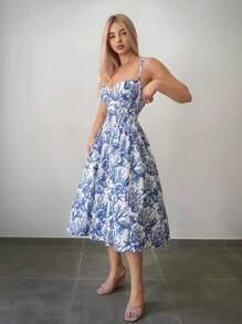 Sweetina 生日优雅花卉印花束腰太阳裙度假休闲全印花侧开衩吊带连衣裙 - 彩色 - 查看 5