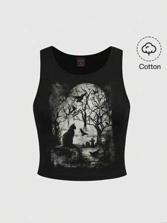 Goth Plus Size Women Dark Mysterious Witch Grave Forest Raven Cross Cat Night Pattern Vest