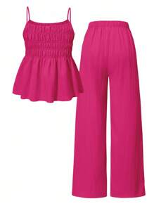 Set de 2 piezas de top de tirantes informal y pantalones de pierna ancha para niña y adolescente, tela ligera, para verano