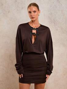 COSMINA Vestido mini de mujer de moda sólido y calado, vestido mini marrón, vestidos de otoño para mujer - Café - Ver 7