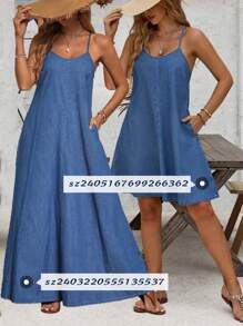 EMERY ROSE Einfarbiger Denim-Jumpsuit mit Taschen-Dekor, lässiger Träger, ärmelloser Lässig-Jumpsuit-Kleid