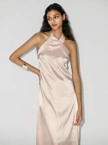 SHEIN LUNE Women's Sleeveless Dress, Elegant For Party Occasions Satin Long Dress Halter Neck Satin Dress Modest Wedding Guest Dress Women - Champagne - View 3