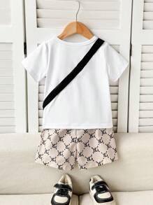 男婴三件套：复古印花T恤、短裤、斜挎包 - 时尚、休闲、可爱、百搭，适合夏季各种场合 - 彩色 - 查看 2