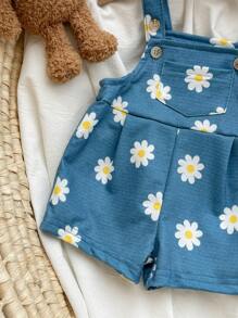 SHEIN Newborn Baby Girls' Floral Pattern Overalls Romper - Blue - View 5