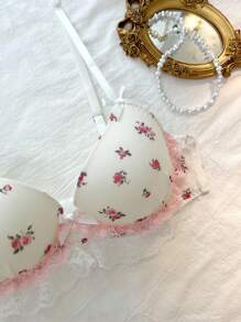 DelicateAllure Sujetador con decoración de lazo, doble capa y orilla en forma de pastel, de malla con estampado floral pequeño, romántico y lindo, estilo kawaii