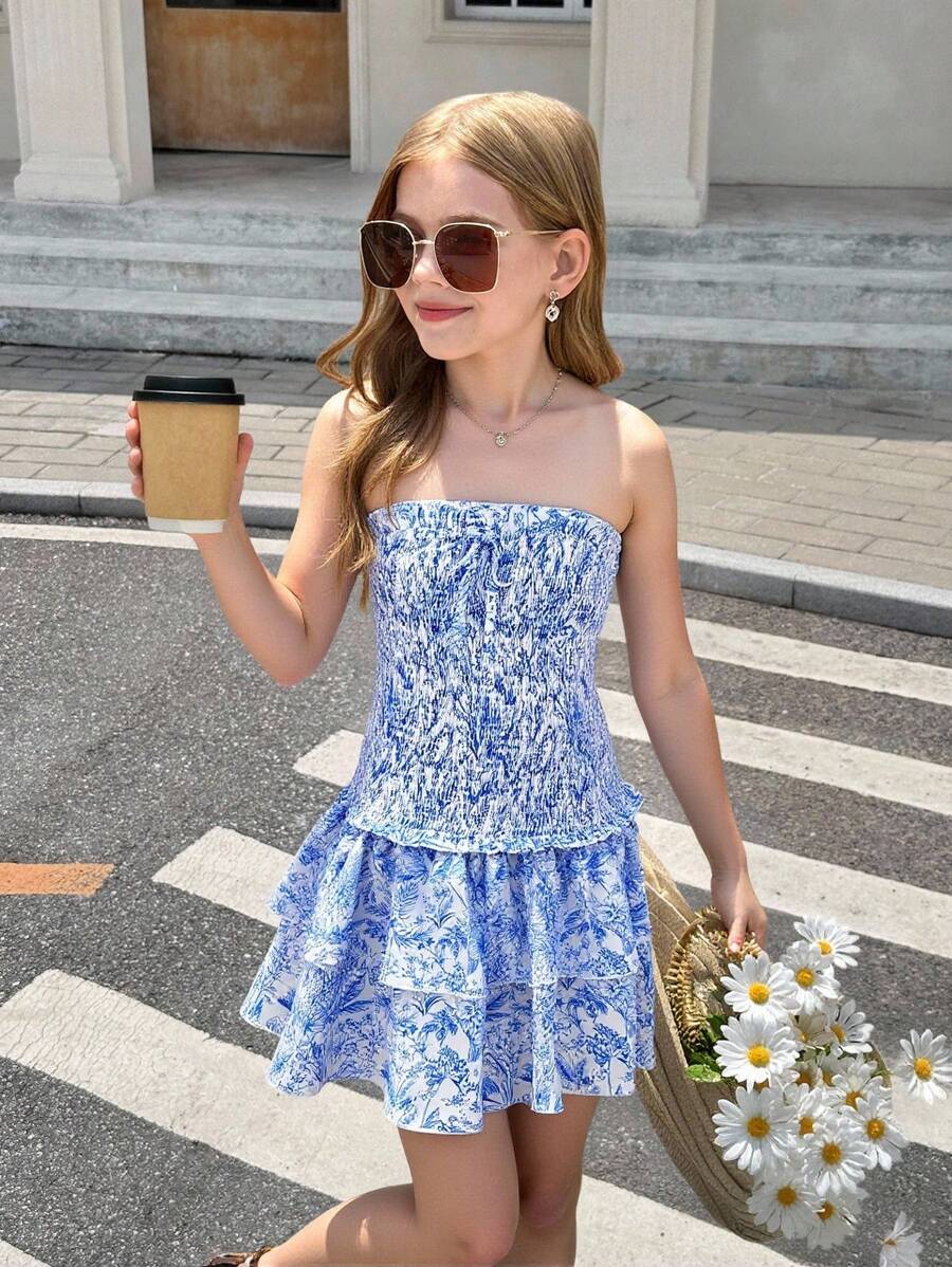 SHEIN 女童蓝白花卉印花双荷叶边下摆露肩度假连衣裙 - 藍白色 - 查看 1